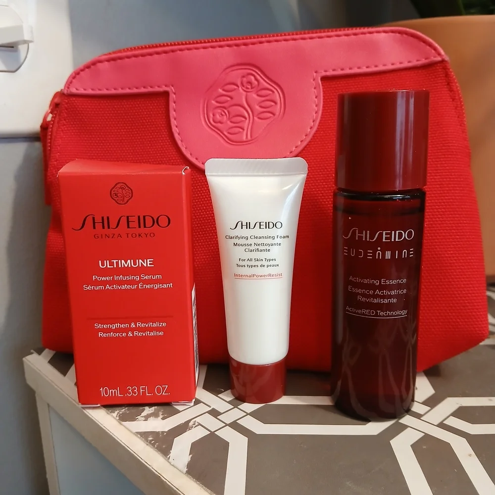 Shiseido Skincare Trio with Pink Red Cosmetic Pouch